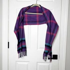 100% Cashmere Plaid Scarf Made in Scotland Purple Pink Teal‎ Fringe